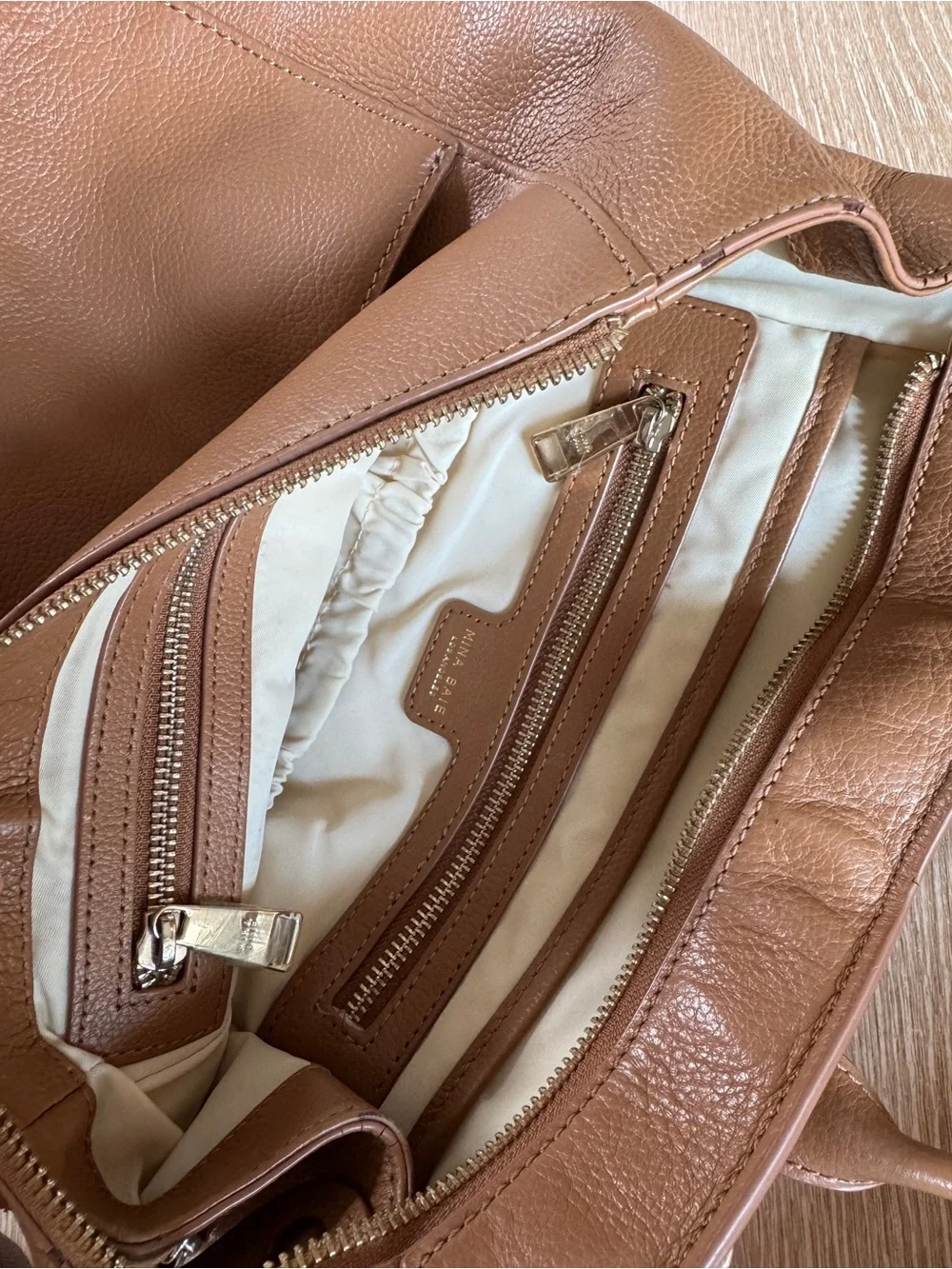 Mina Baie harper midi leather diaper bag backpack tan gold